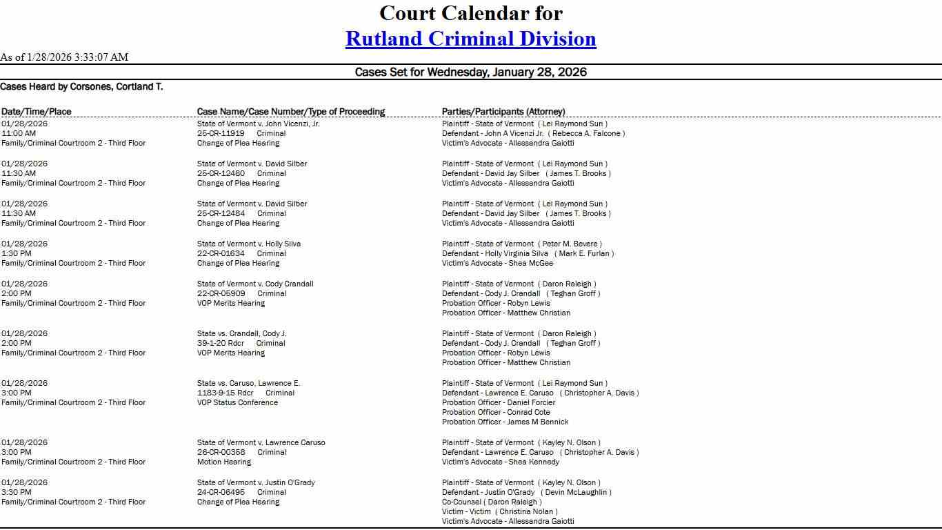 Rutland Criminal Division Calendar
